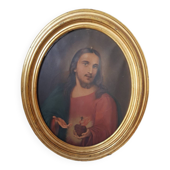 Ancienne peinture Jésus sacré-cœur 19e