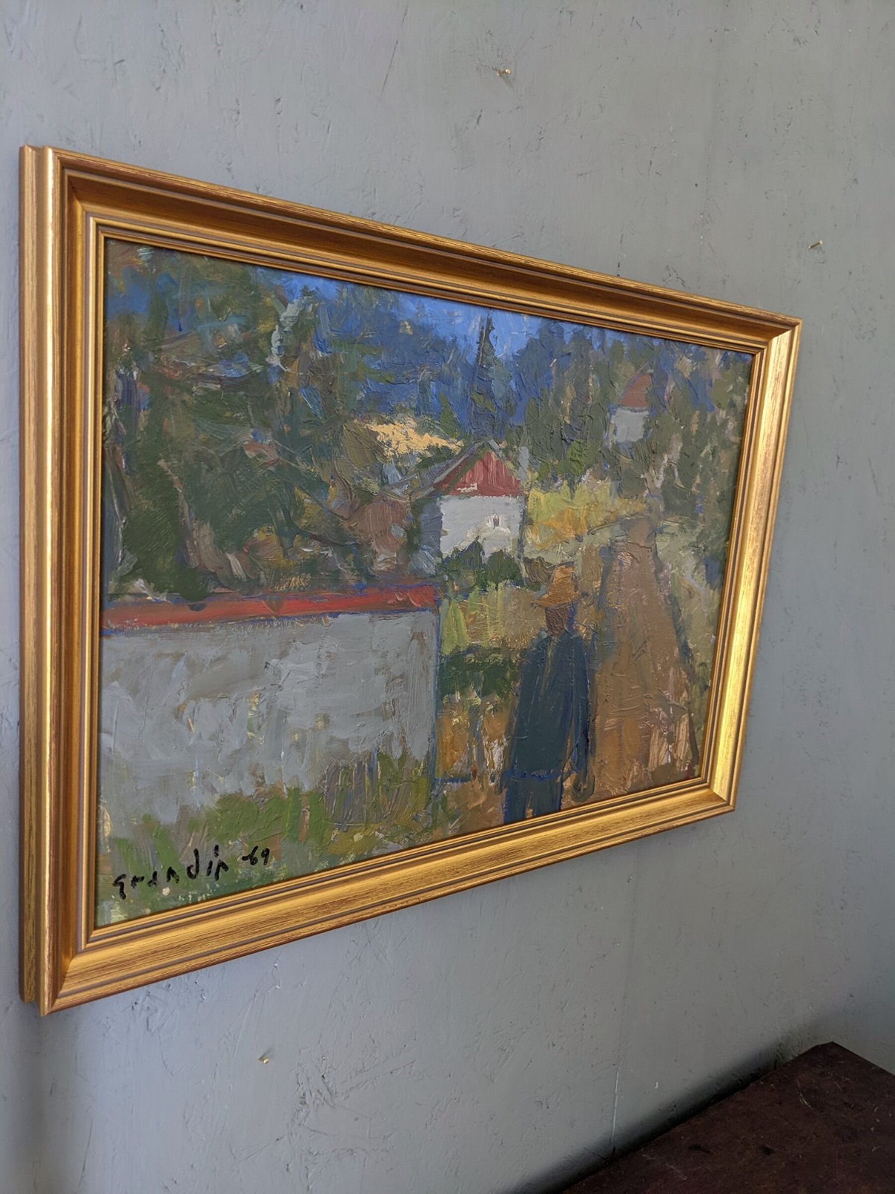 Mid-century modern swedish "forest houses", vintage abstract street scene framed oil painting