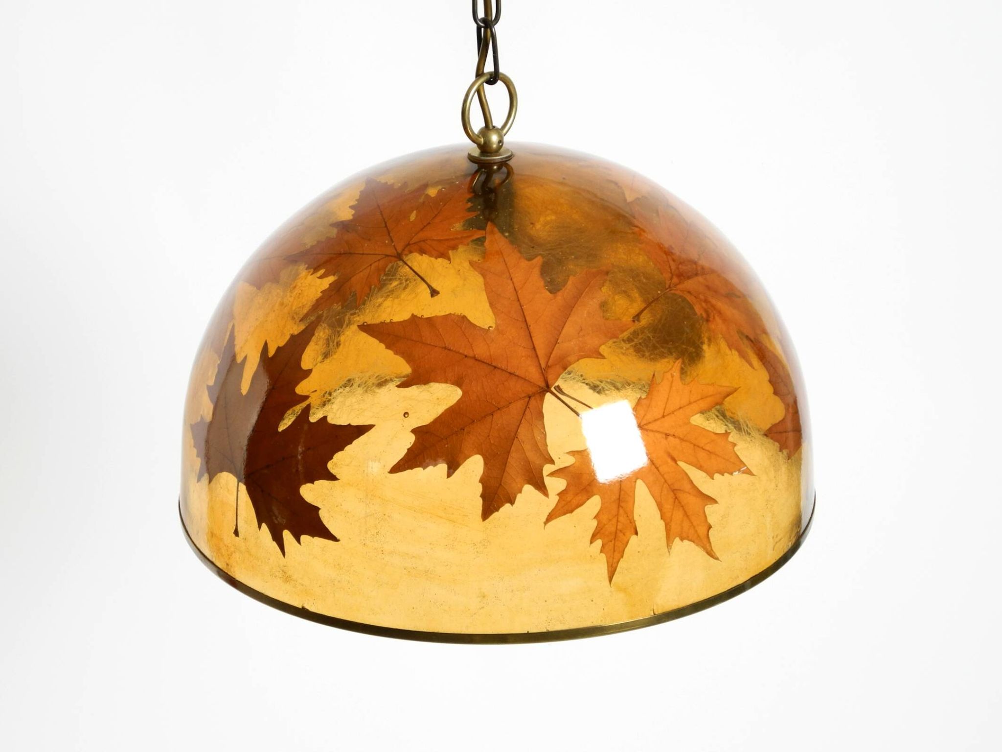 Rare, large 1970s Italian resin pendant lamp with embedded maple leaves