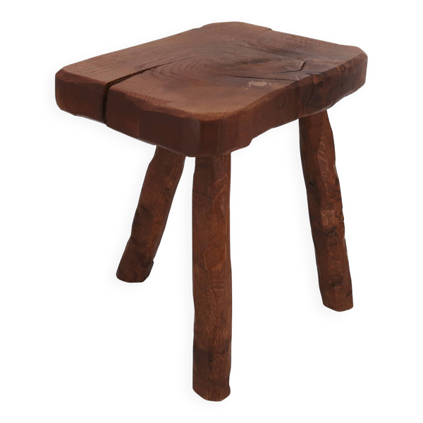 Tabouret tripode brutaliste en bois, art populaire de montagne années 50