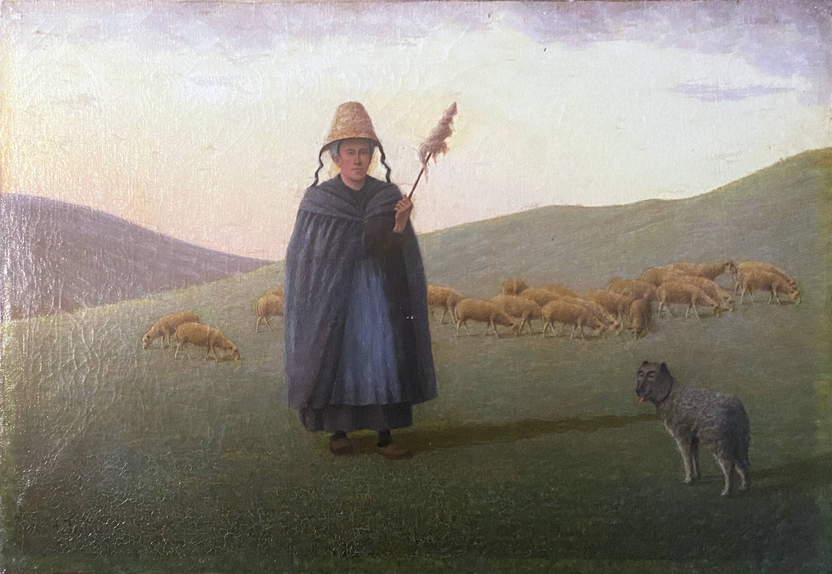 HST painting 19th century Shepherd with sheep and dog in mountain pasture signed A. Treviens