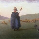 HST painting 19th century Shepherd with sheep and dog in mountain pasture signed A. Treviens