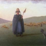 HST painting 19th century Shepherd with sheep and dog in mountain pasture signed A. Treviens