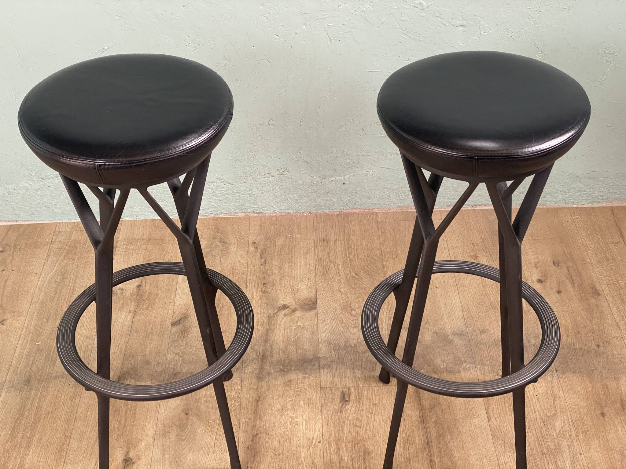 2 Yamakado designer swivel stools in black leather