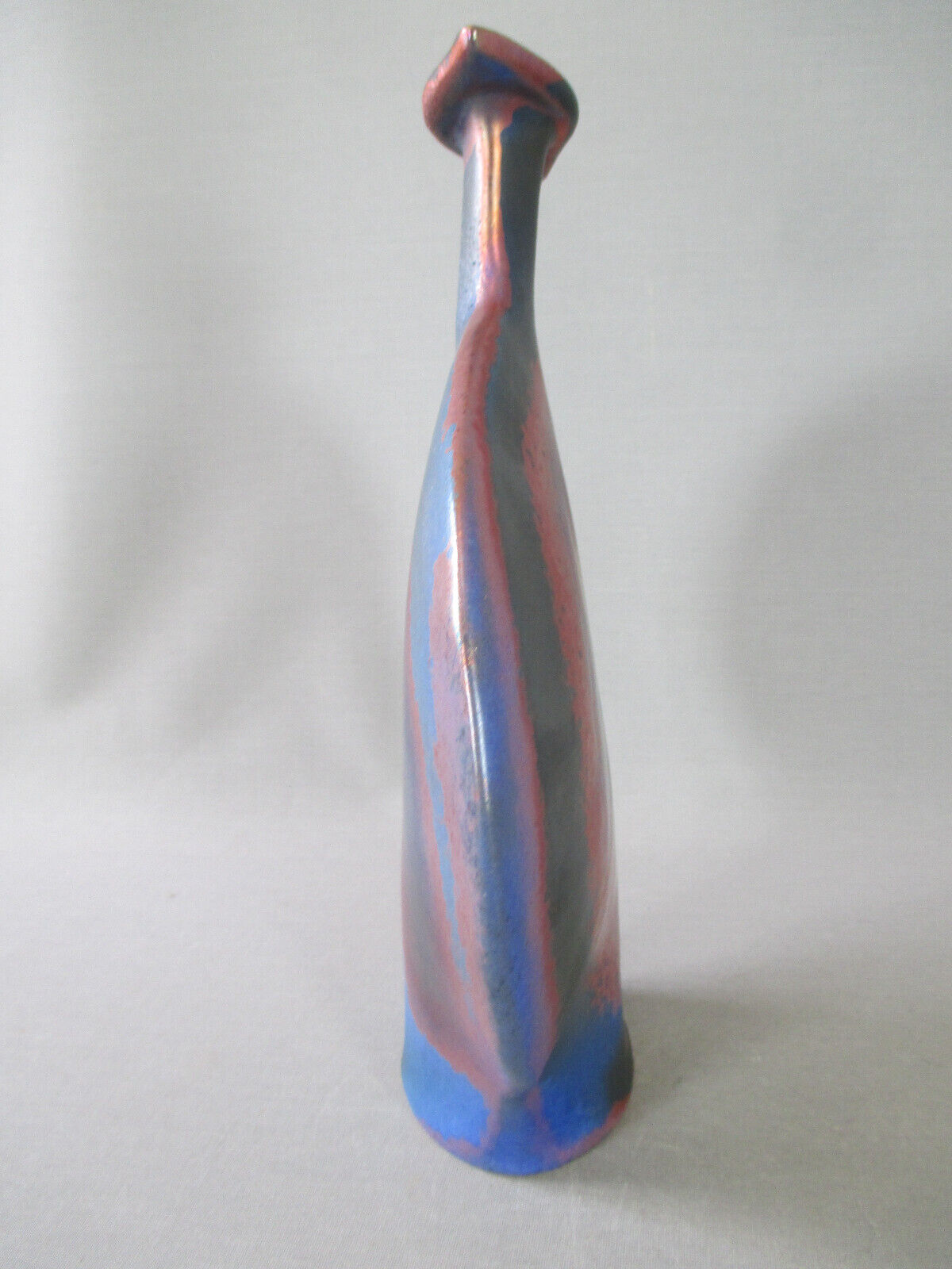 Lrge flat iridescent sandstone vase signed