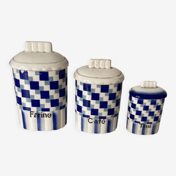 Série de 3 pots à épices, carreaux bleu lustucru ,vintage 1930