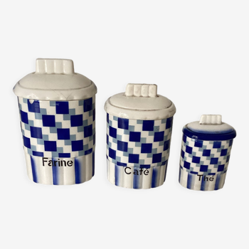 Series of 3 spice jars, lustucru blue tiles, vintage 1930