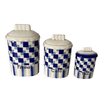 Série de 3 pots à épices, carreaux bleu lustucru ,vintage 1930