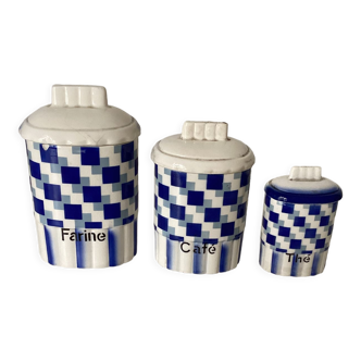 Series of 3 spice jars, lustucru blue tiles, vintage 1930