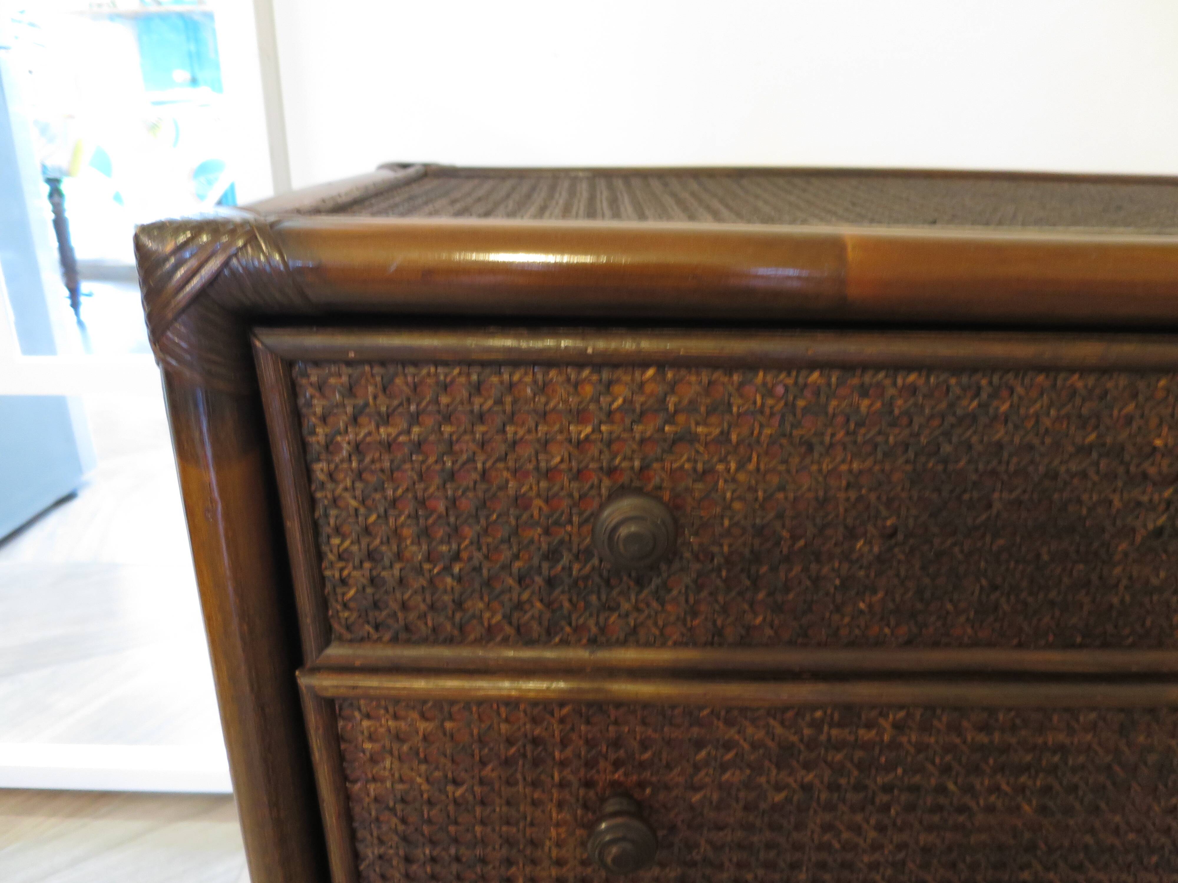 Vintage 3-drawer chest of drawers - wood, bamboo and woven rattan - 1980s