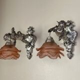 Pair of wall sconces, cherubs, angels, silvered
