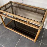 Vintage rattan and glass TV storage unit 1950