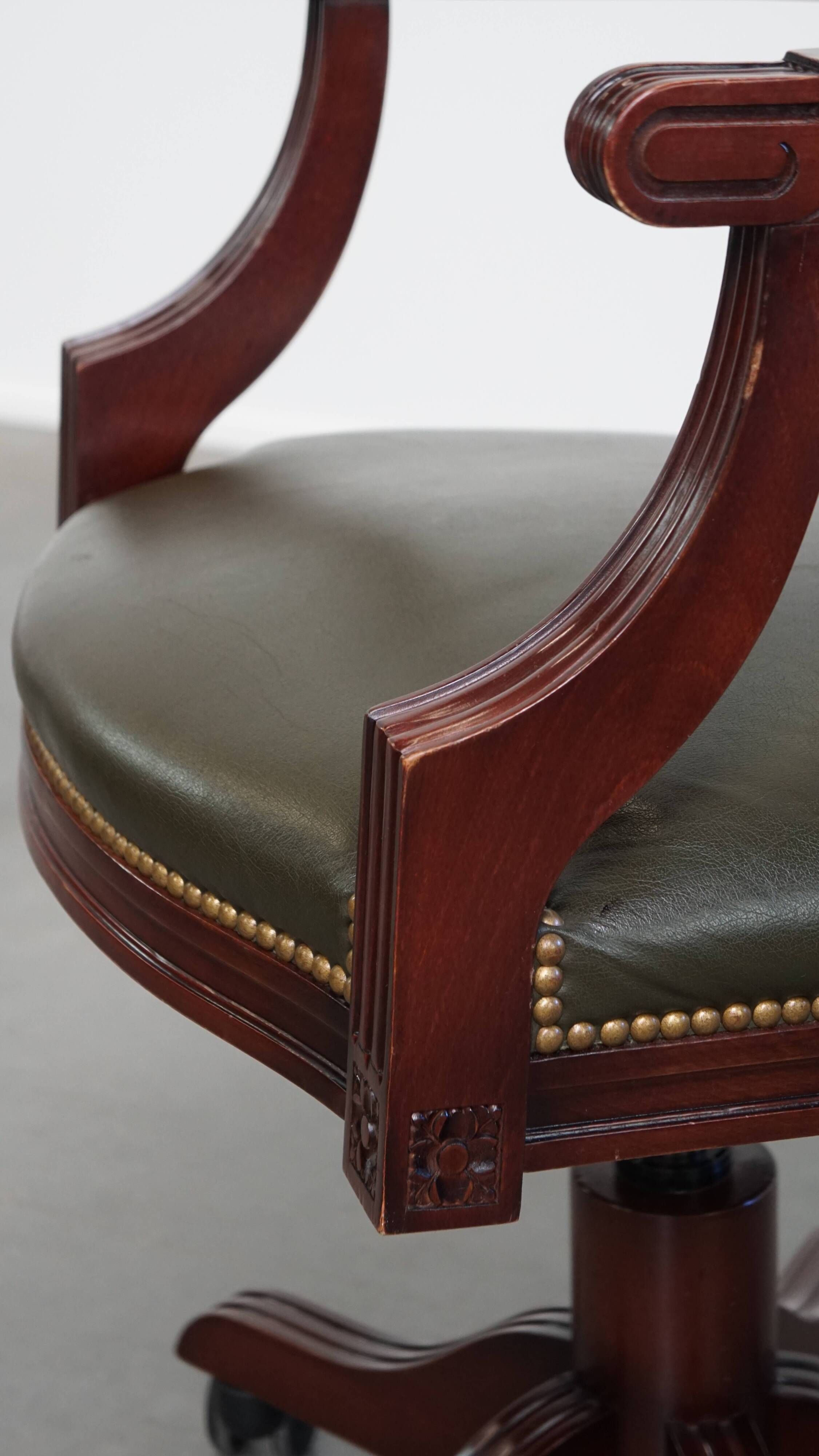 Green Cowhide Leather and Wooden Office Chair in English Style on Casters
