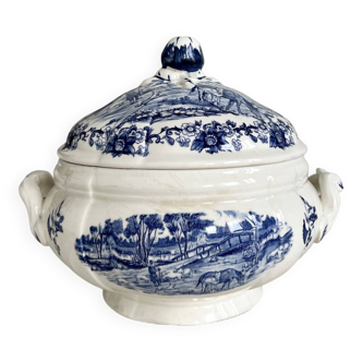 Vintage earthenware tureen Sarreguemines Derby series 1920 - Blue and white - Double handles and hat