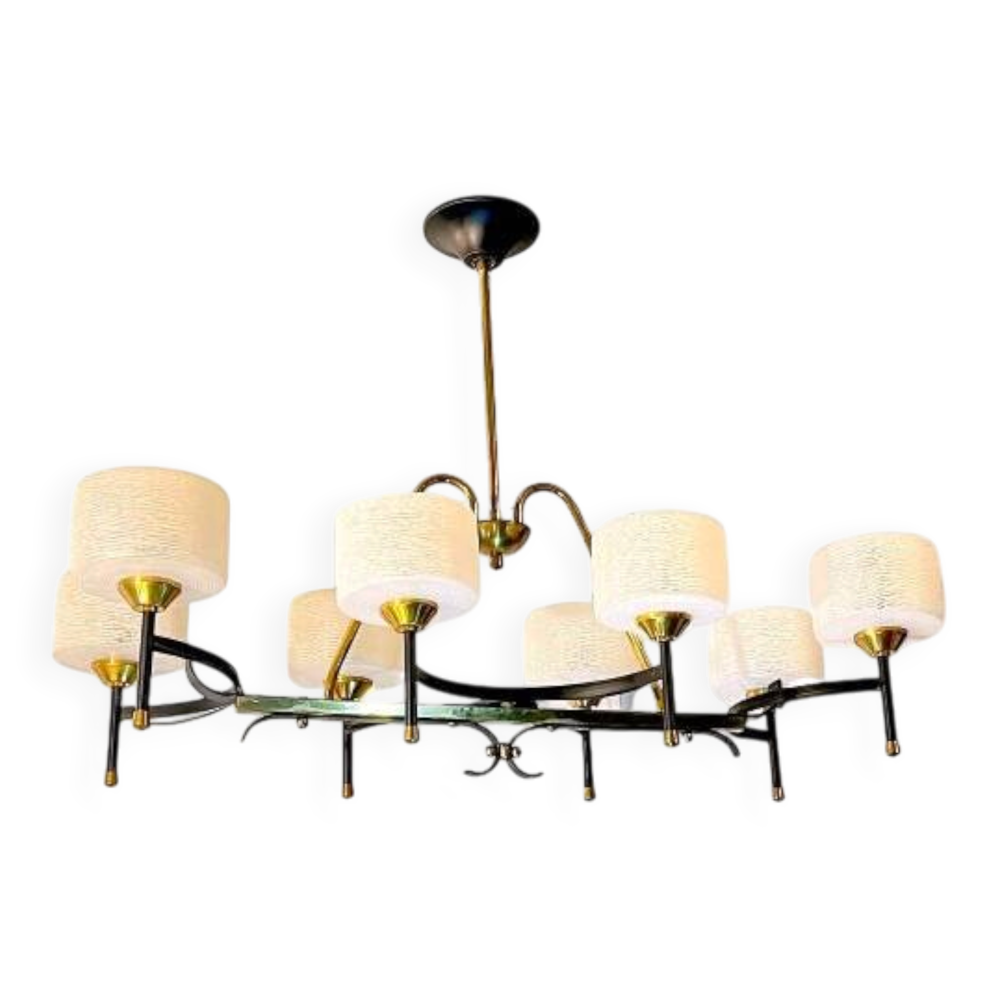Maison Arlus, mid-century chandelier, brass and opaline, France 1950