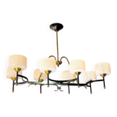 Lustre milieu de siècle, laiton et Opaline, France 1950, Maison Arlus