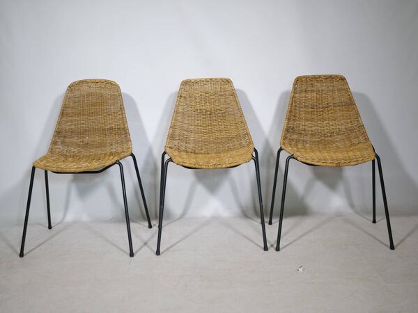 3 chaises par Franco Legler en osier et métal, années 1960