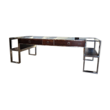 COFFEE TABLE STAINLESS STEEL, LEATHER AND WOOD. House Saulaie. Art Deco style