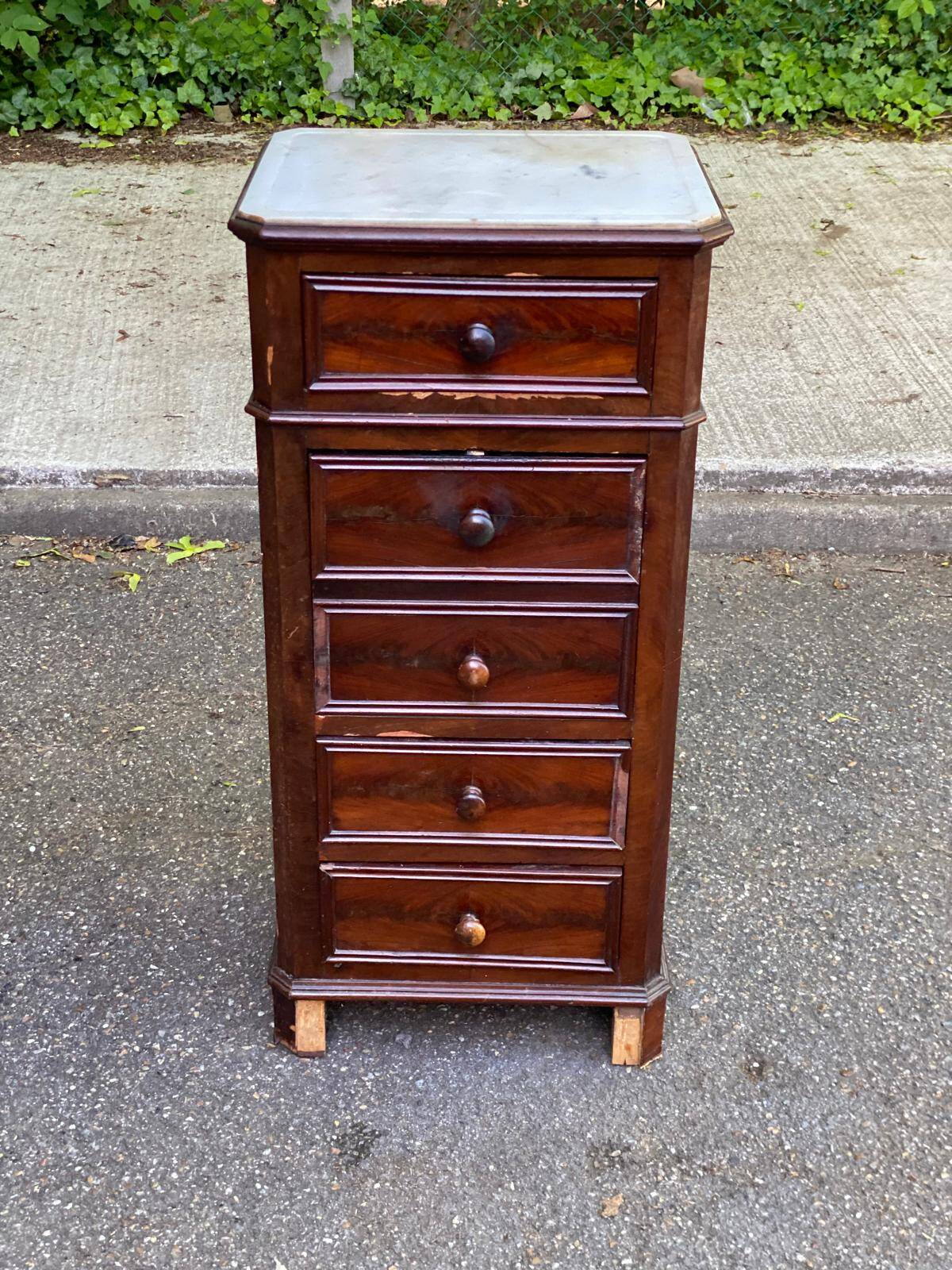 Vintage walnut and marble chest of drawers from 1920.
