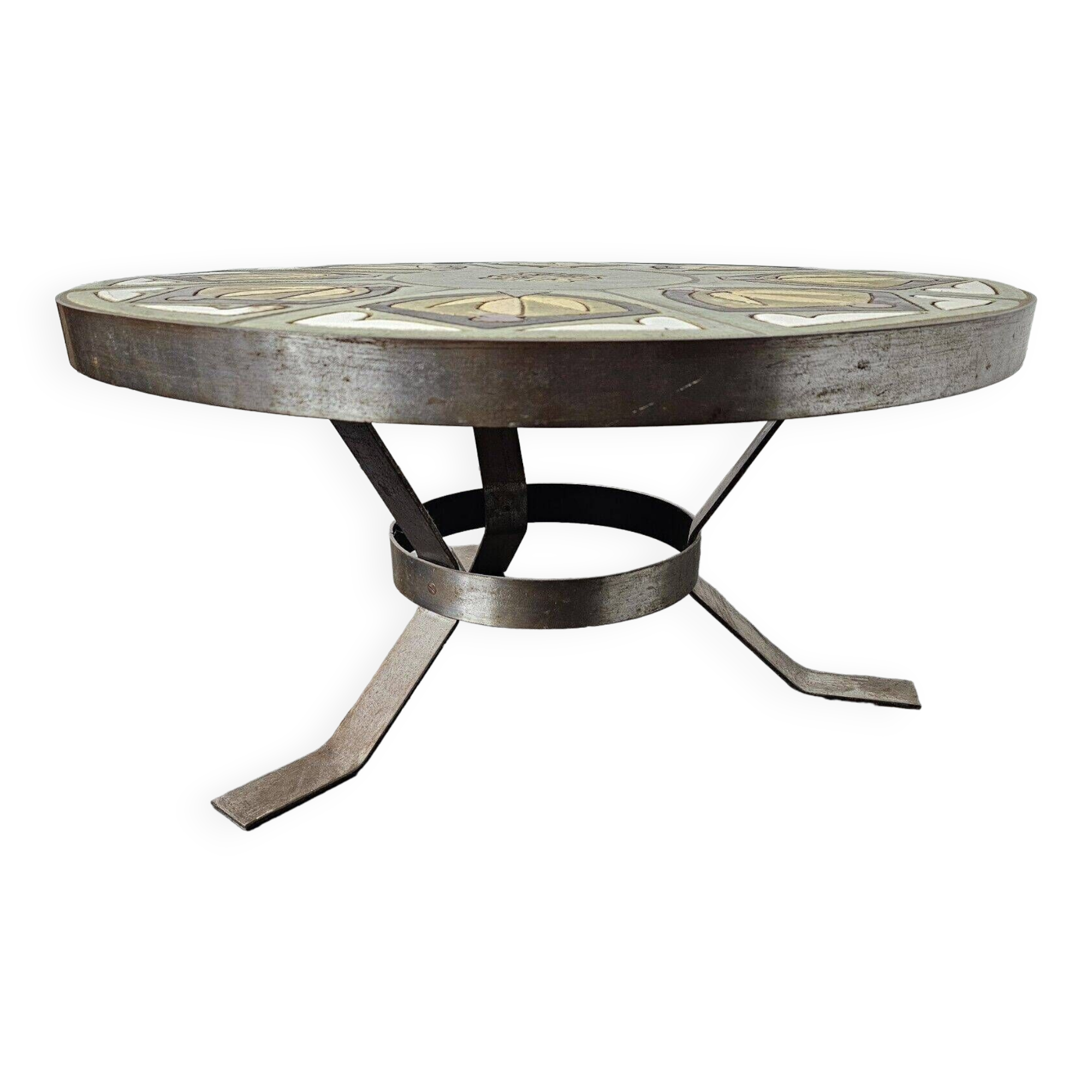 oval coffee table from the 60s, ceramic tray with decoration of flowers and birds