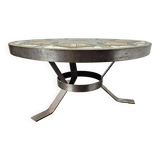 oval coffee table from the 60s, ceramic tray with decoration of flowers and birds