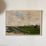 Peinture à l'huile sur toile "Route, champs et personnages" n°35