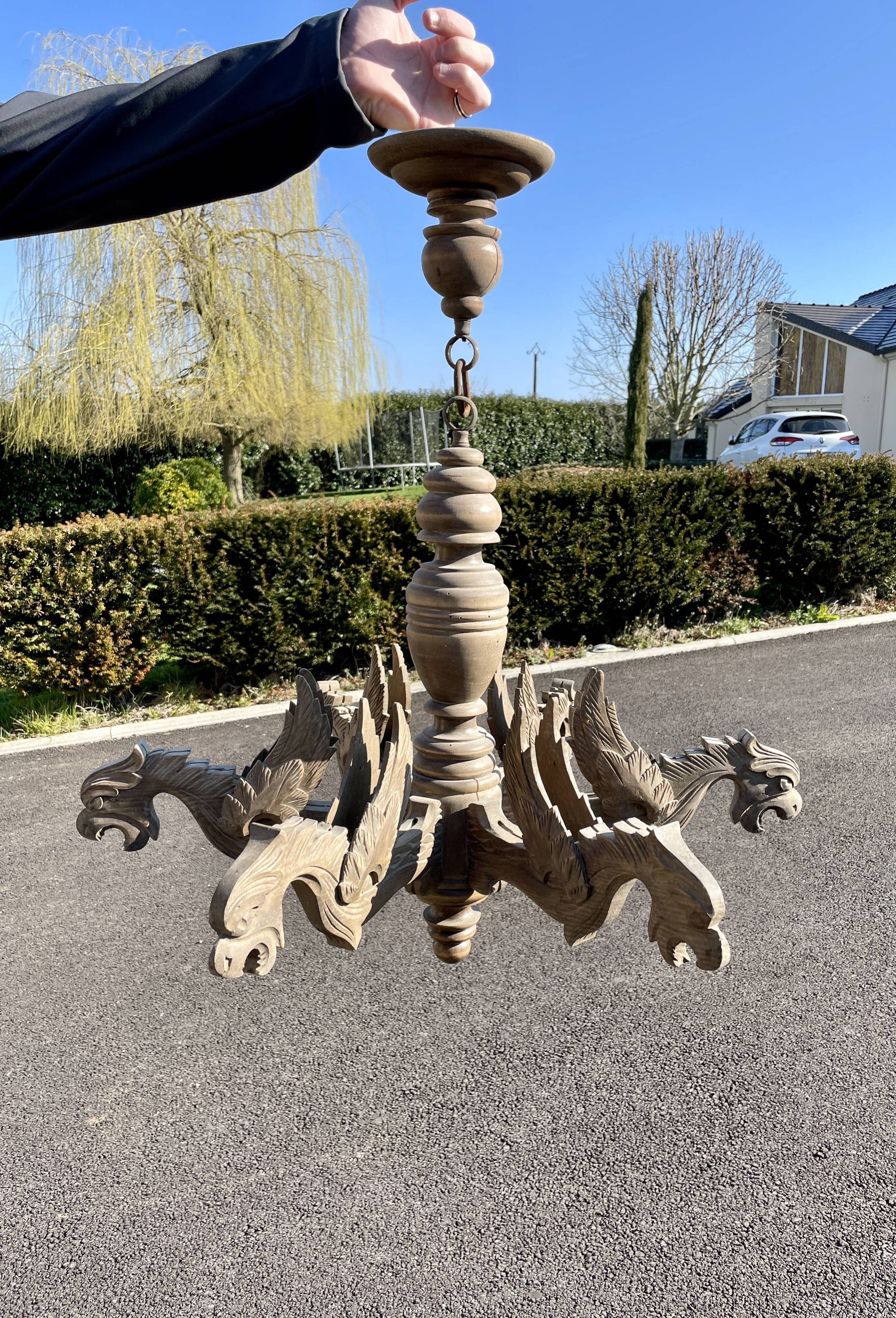 Old wooden chandelier Henri II 6 Gothic dragons