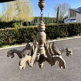 Old wooden chandelier Henri II 6 Gothic dragons