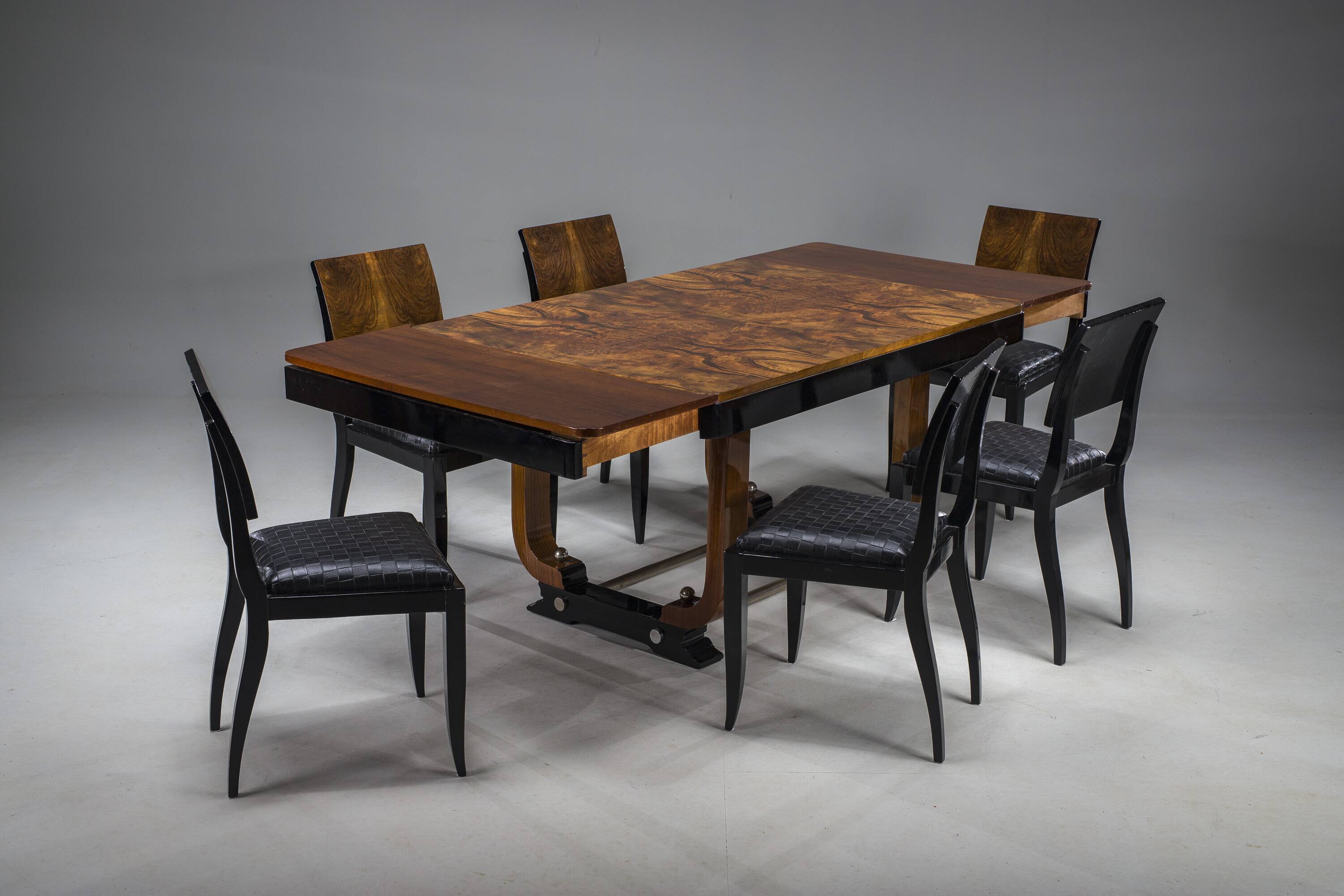 Art Deco French Walnut & Burl Dining Set, 1930s, Set of 7