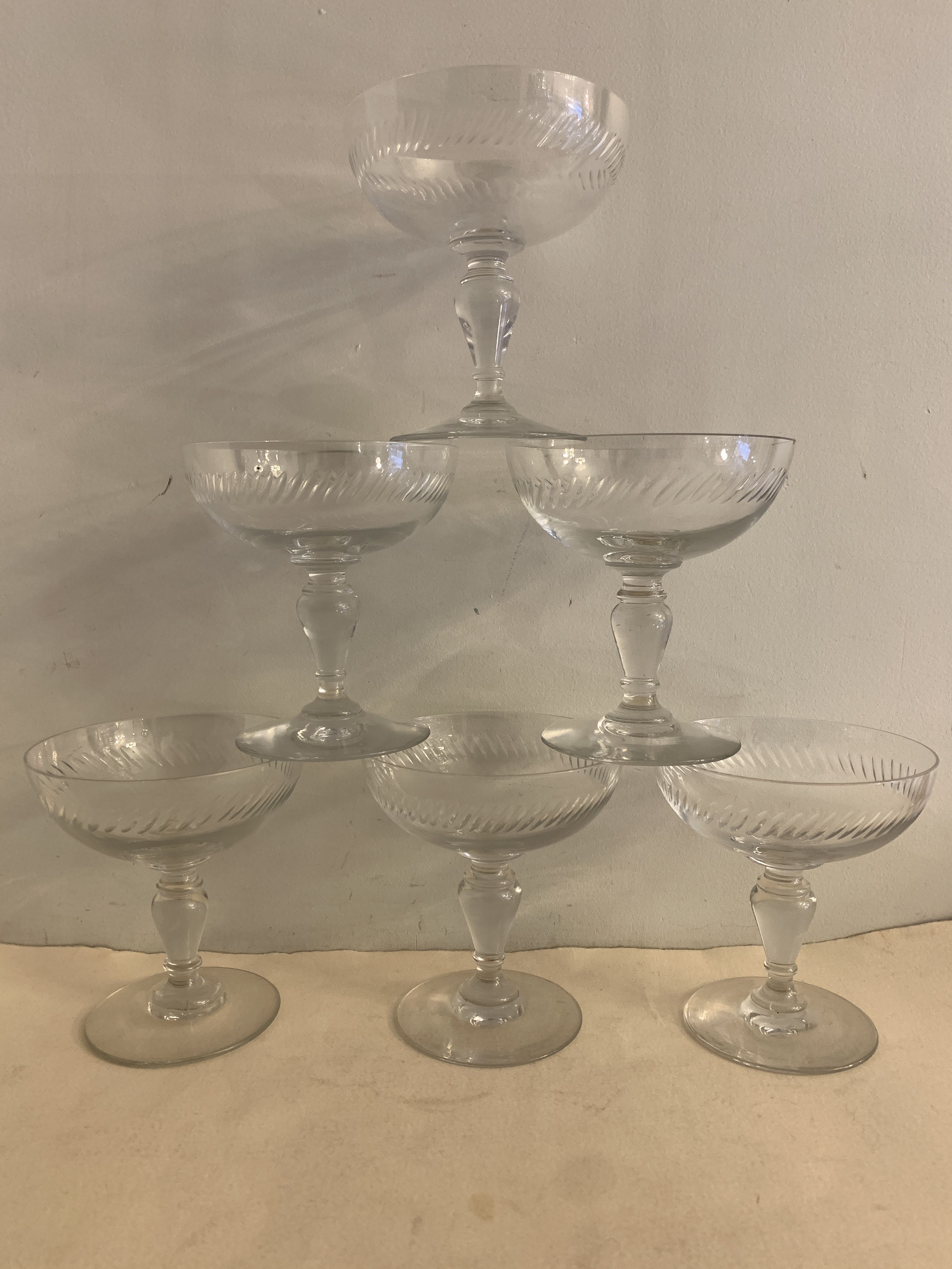 6 old champagne glasses in blown crystalline