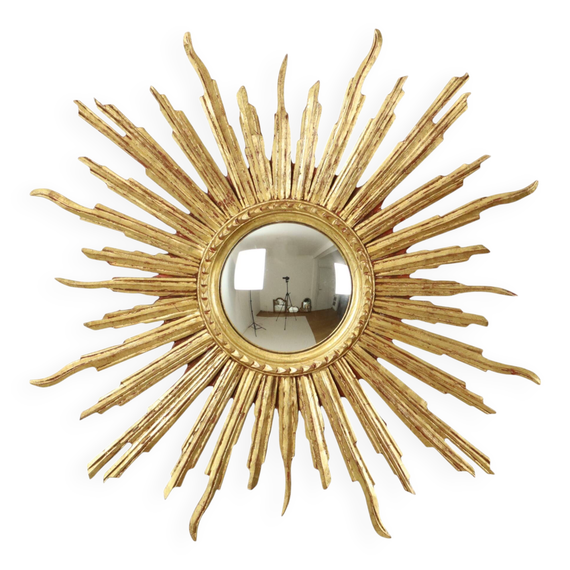 Large Gold Leaf Gilded Wooden Sun Mirror Sunburst Mirror 75cm