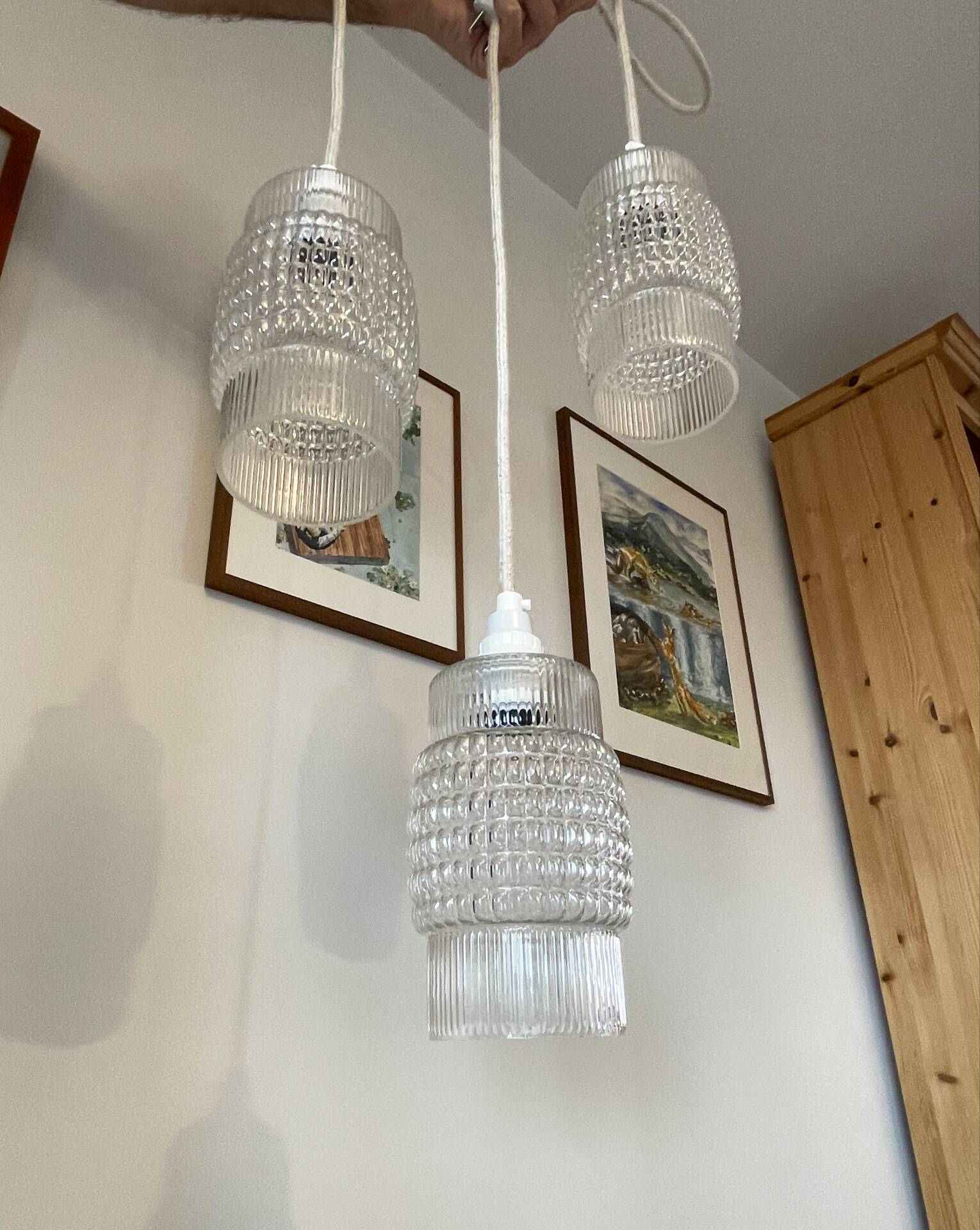 Set of 3 Refurbished Textured Glass Pendant Lights 1970s – Mid-Century