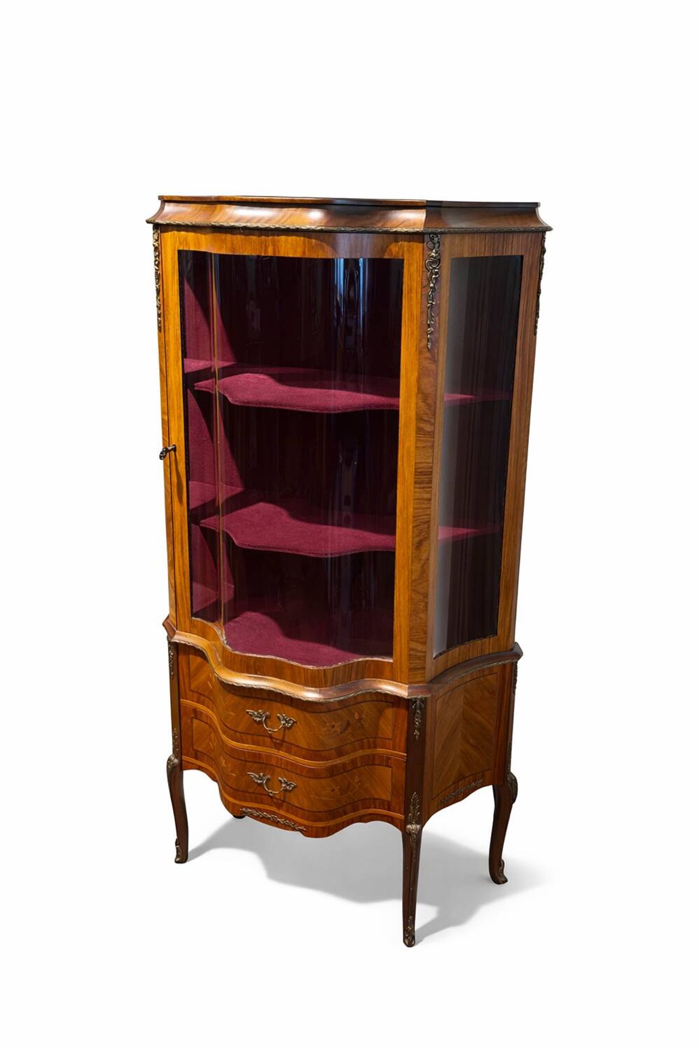 Antique Louis XV style display cabinet with marquetry, circa 1900.