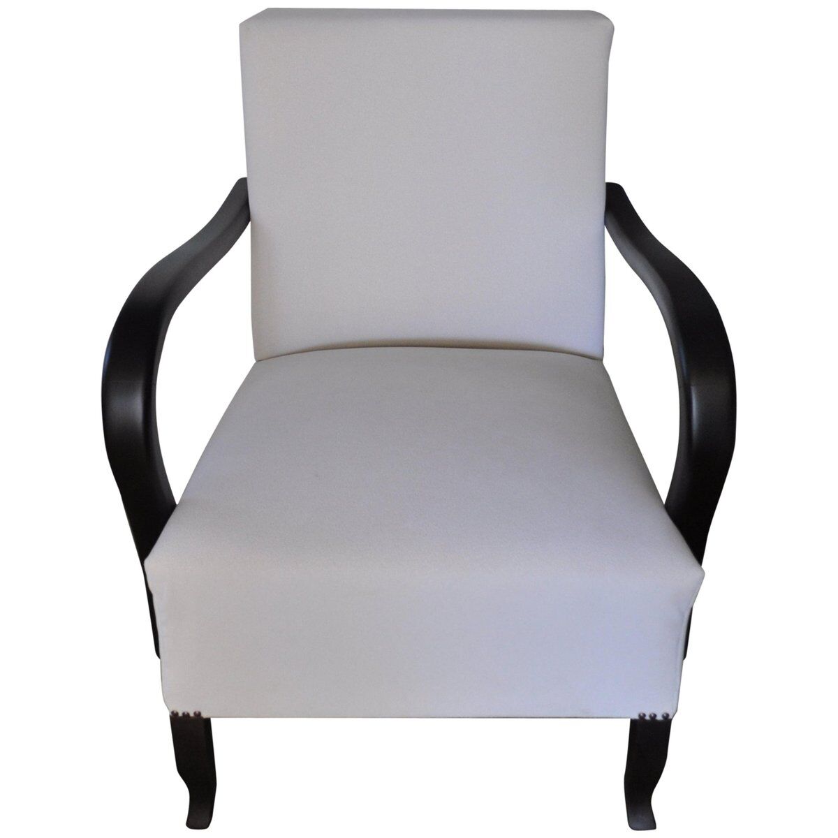 Ivory Art Deco armchair in fabric and dark wood, high back, 1920s-1930s.