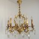 Large Heavy French Art Nouveau 6-Light Brass & Crystal Cage Chandelier