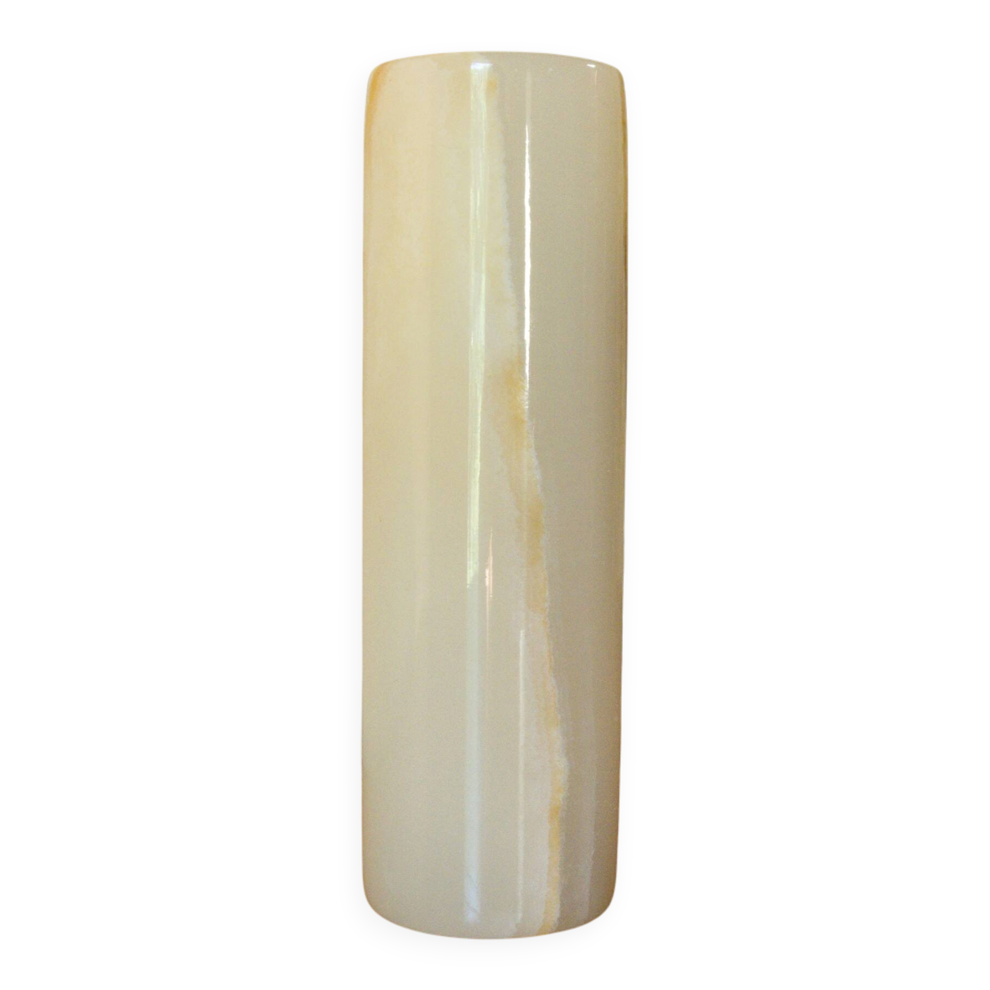 Vintage cylindrical vase in veined honey white onyx, 18 cm