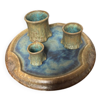 Pierrefonds service, tray and pot in blue crystallized ceramic, 1930