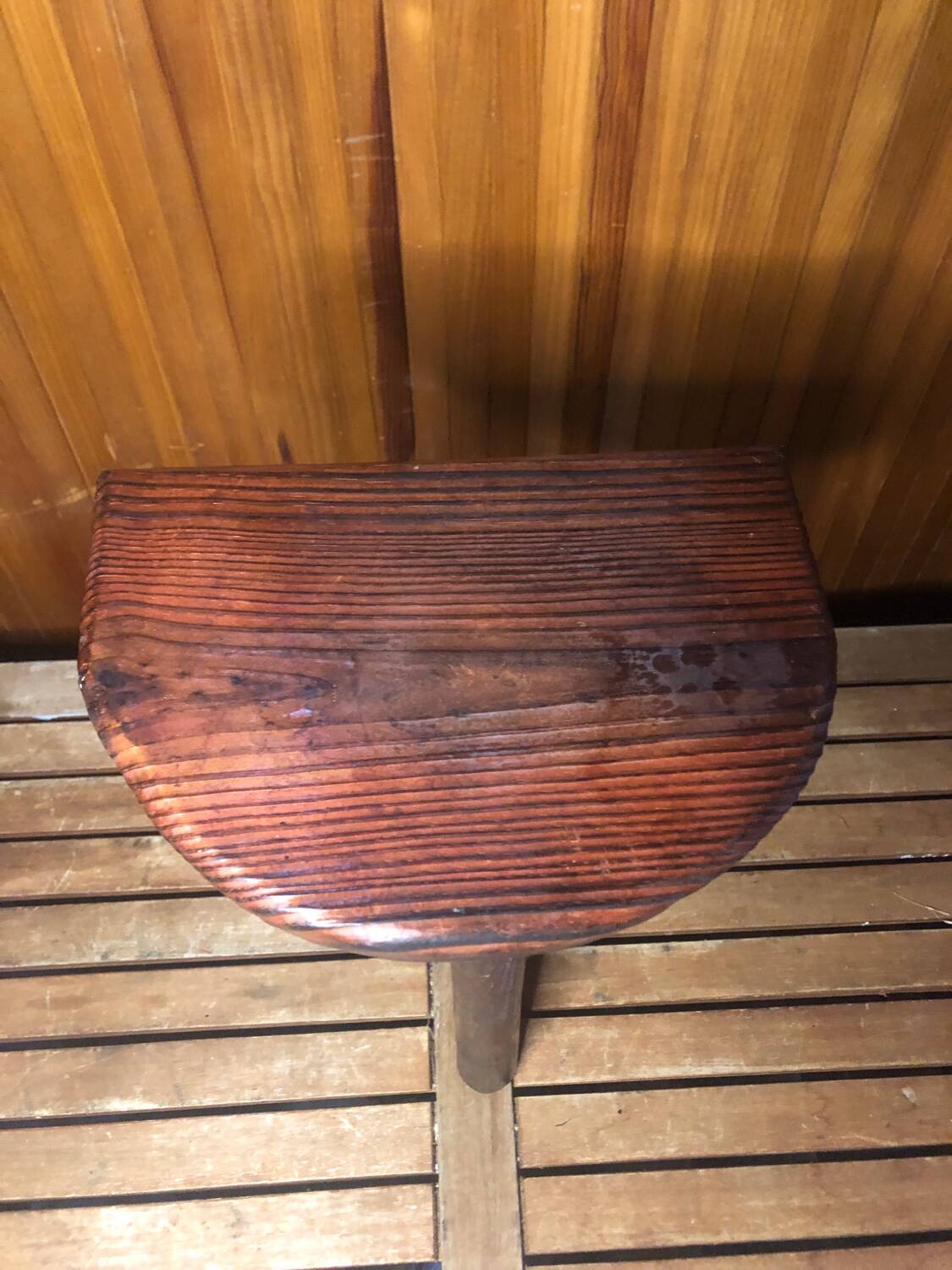 Vintage half moon wooden tripod milking stool #a580