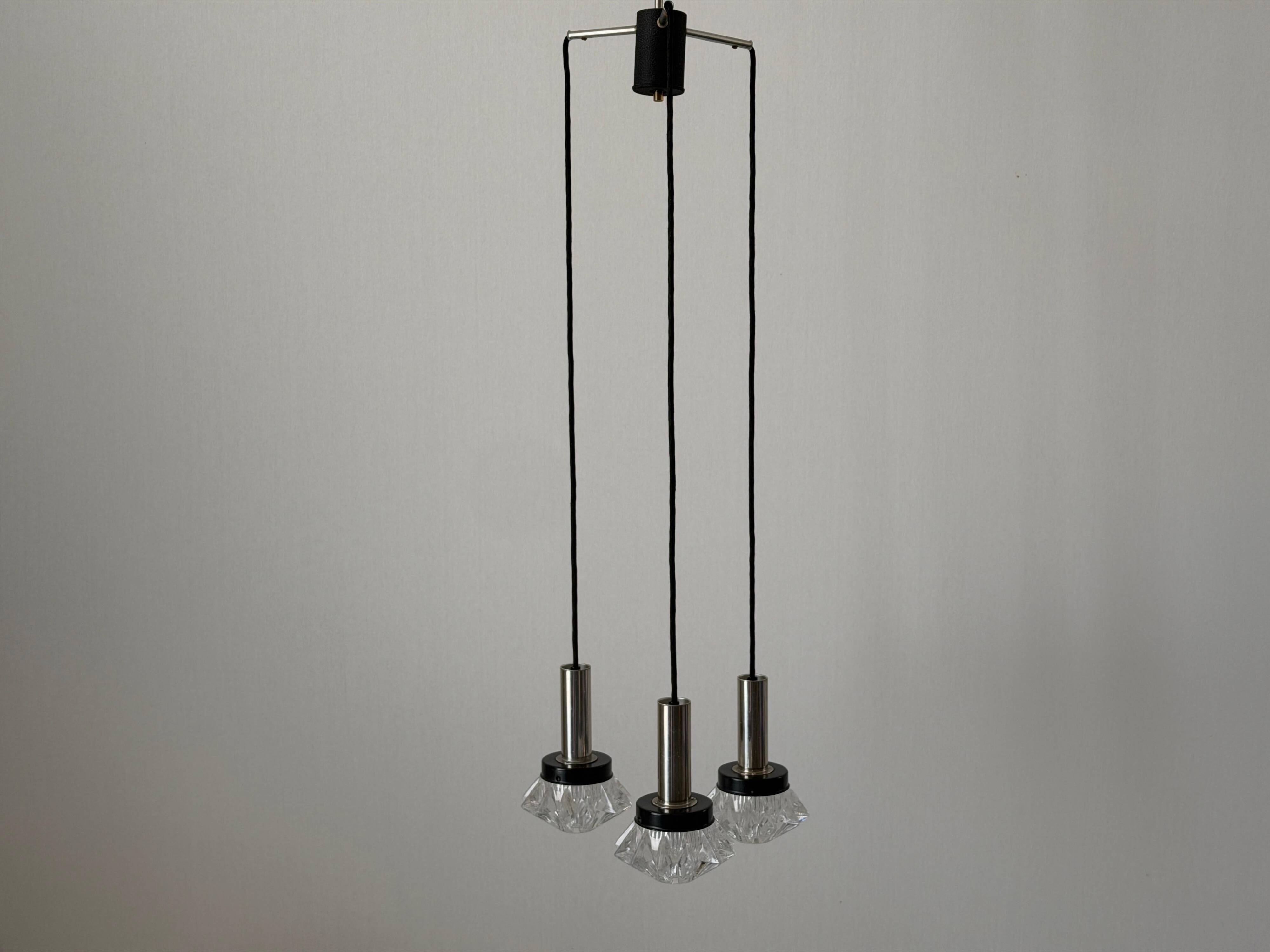Suspended cascade lamp with 3 glass crystal and metal shades, 1960s, Germany