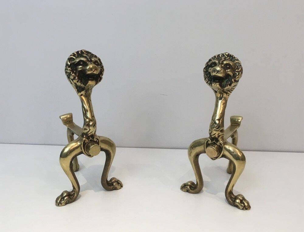 Pair of bronze andirons with lions