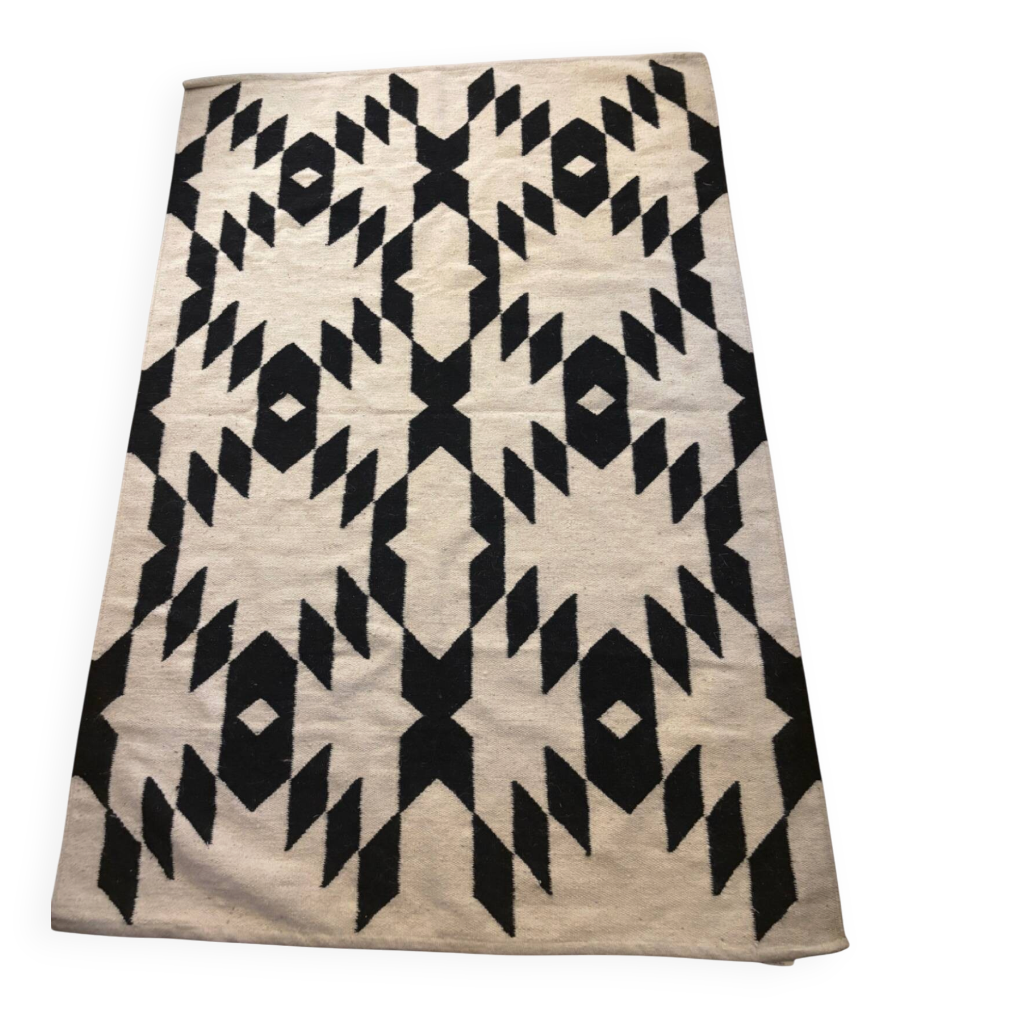 Wool kilim rug with geometric patterns – black & ecru