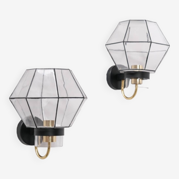 Pair of mid-century glass and brass wall lights