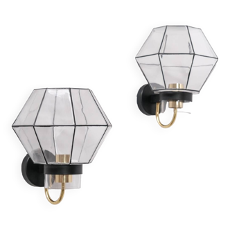 Pair of mid-century glass and brass wall lights