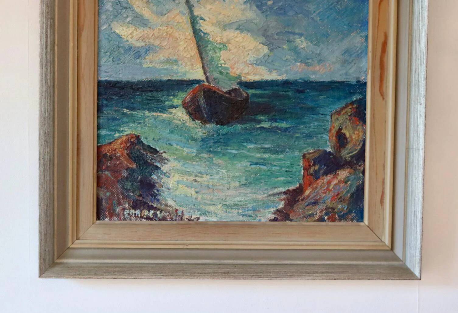 Original oil on panel from the mid-20th century – ship at sea