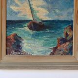 Original oil on panel from the mid-20th century – ship at sea