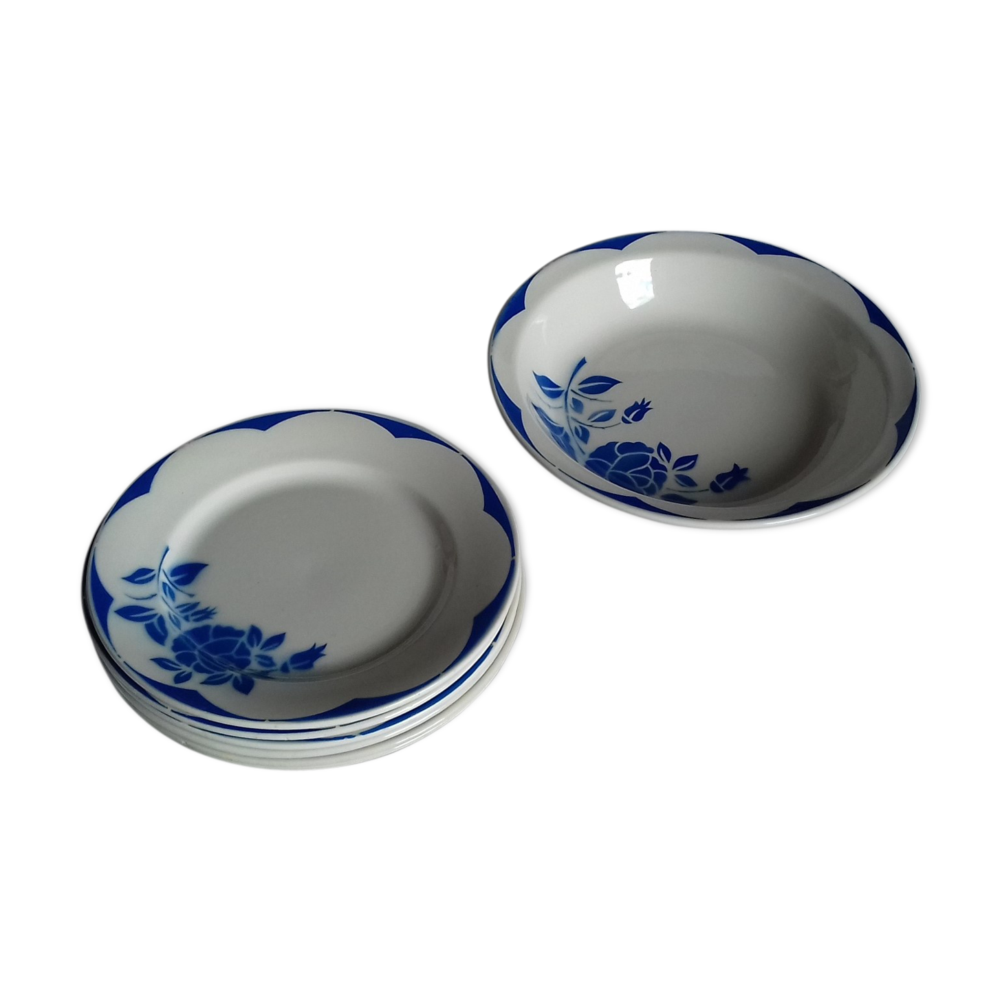 Service Corsica Digoin Sarreguemines 6 assiettes plates et un plat creux bleu
