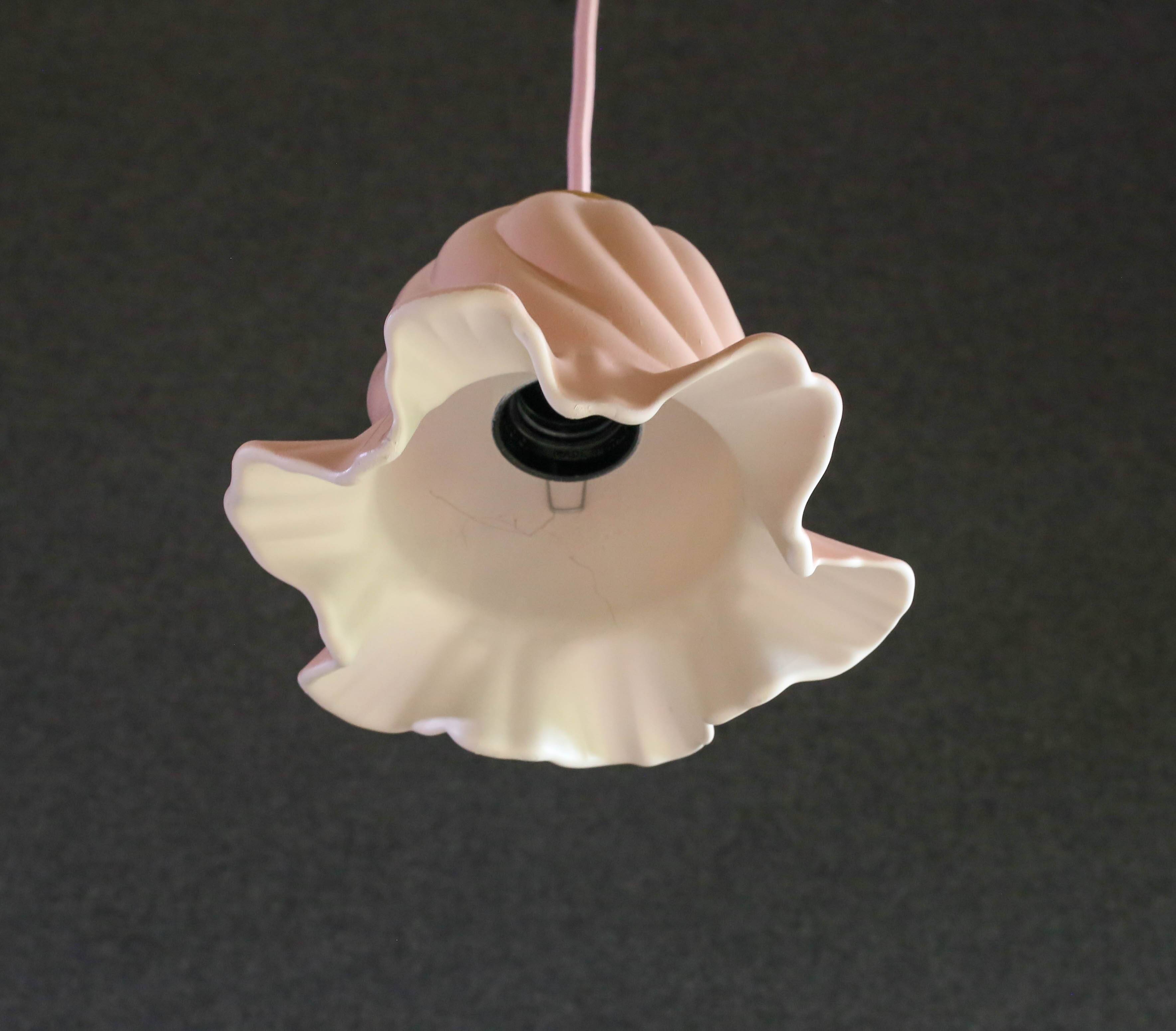 Old pendant light in pink and white painted glass, French pendant light - delivered with socket and cable