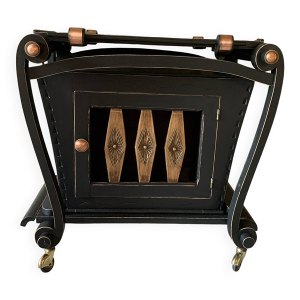Bar roulant vintage rénové noir & cuivre avec plateau de service amov