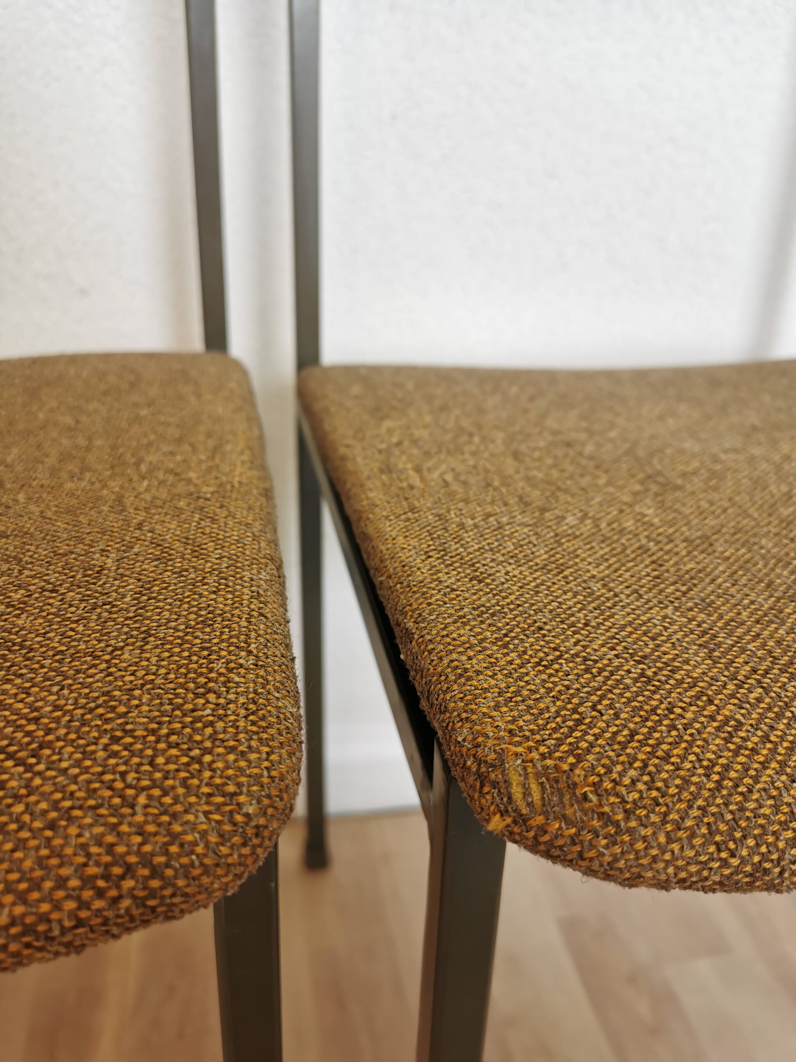 Set of 4 Vintage Industrial School Chairs: Brown Fabric, Black Metal Base