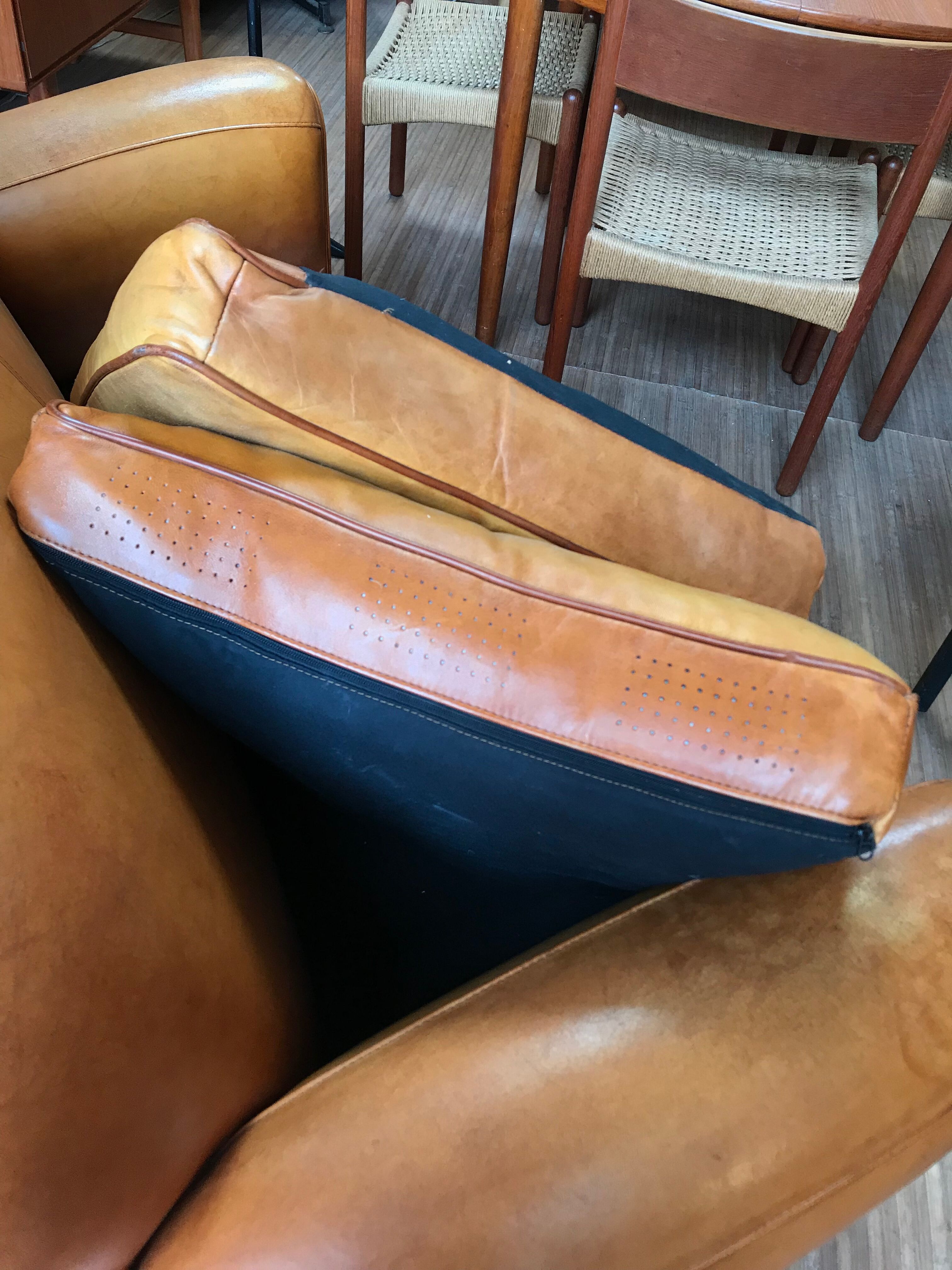 Vintage fawn leather club sofa
